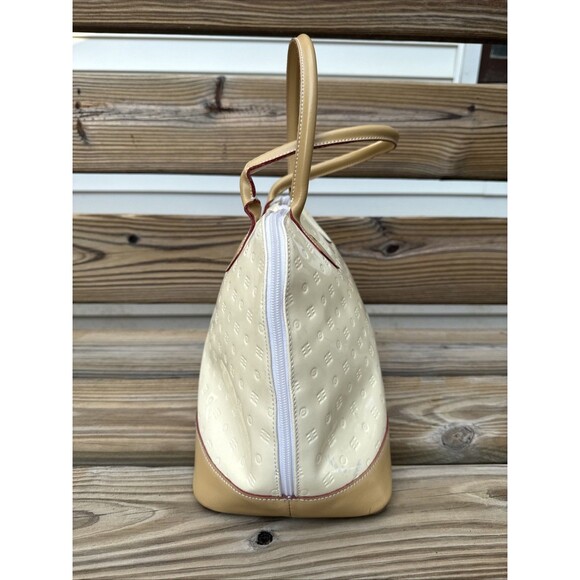 ARCADIA Italy Patent Leather handbang Cream W Gold tone Zip Logo Tan Handles & B - Picture 9 of 11